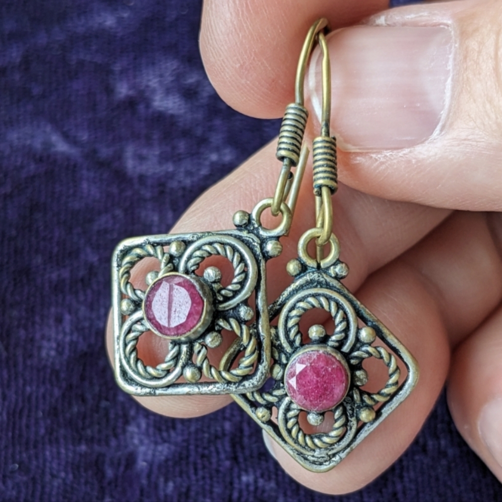 Vintage Drop Dangle Earrings With Natural Earth Mined Pink Rubies